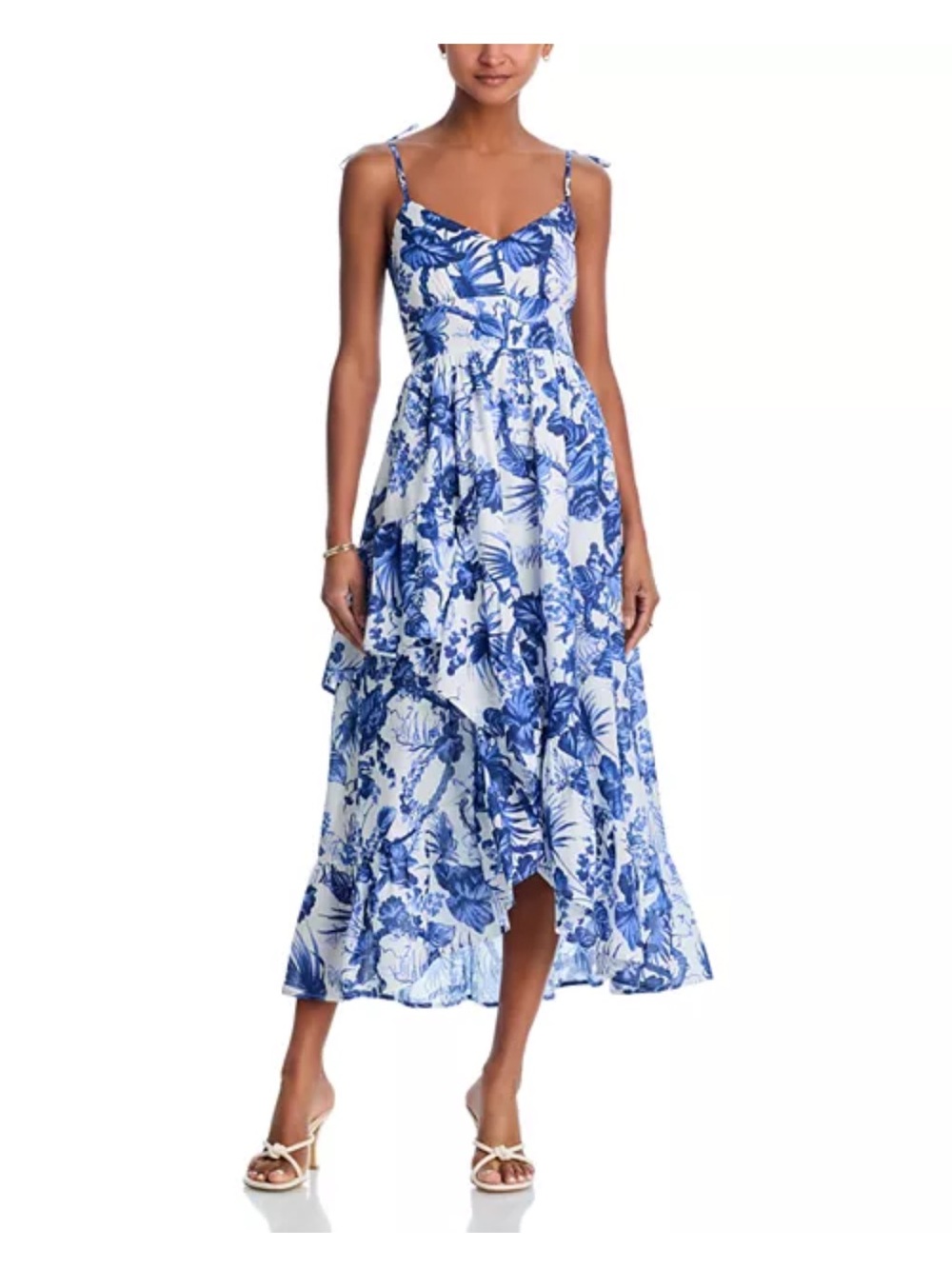Aqua Sleeveless Floral Midi Dress Blue and White Floral High-Low Sundress — S